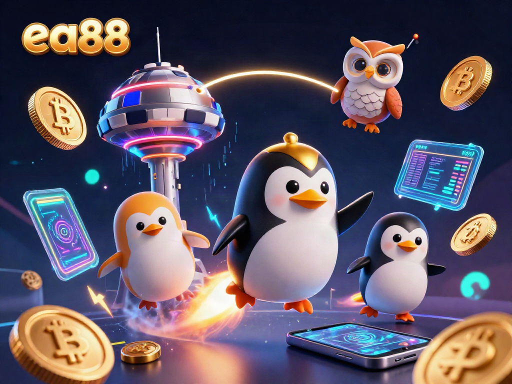 Experience the thrill of ea88 with a golden penguin and casino elements in a vibrant 3D space.
