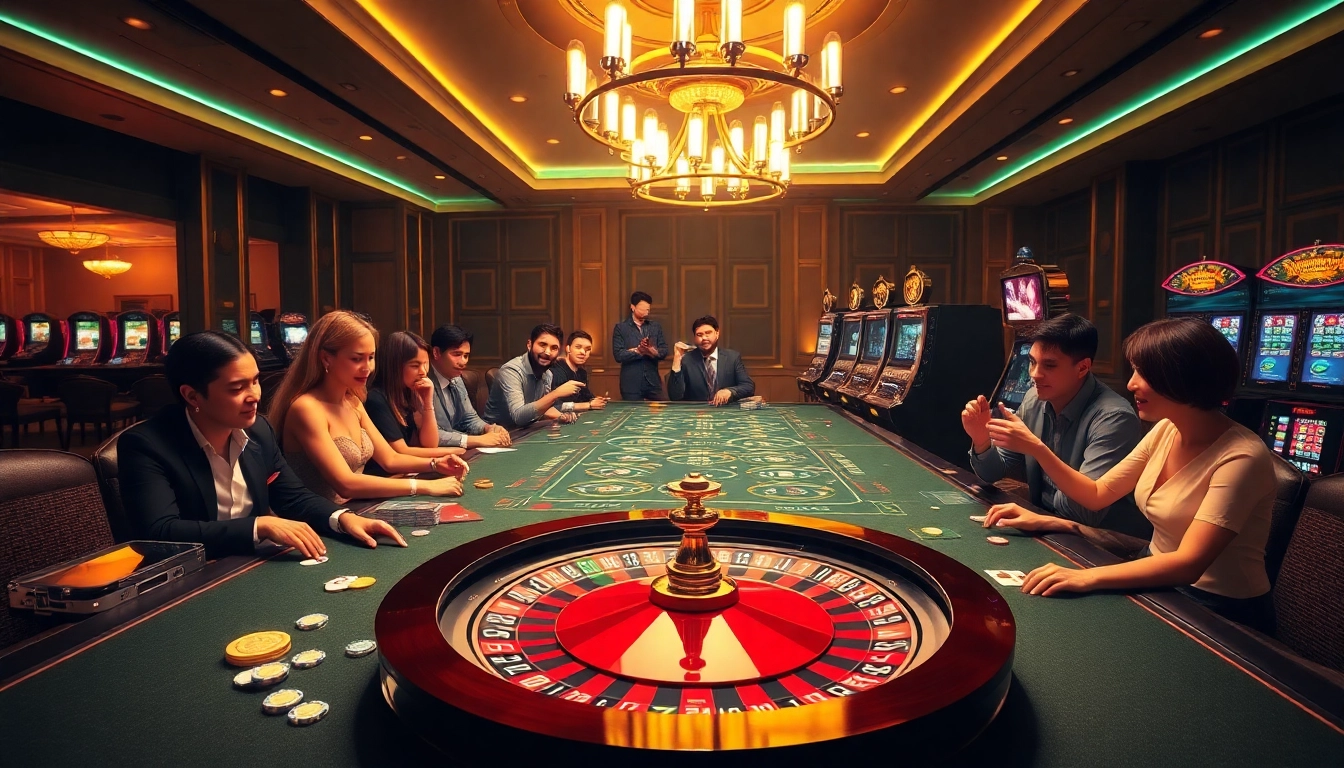 Players winning big at https://go8.chat/ casino with vibrant tables and glowing slots.