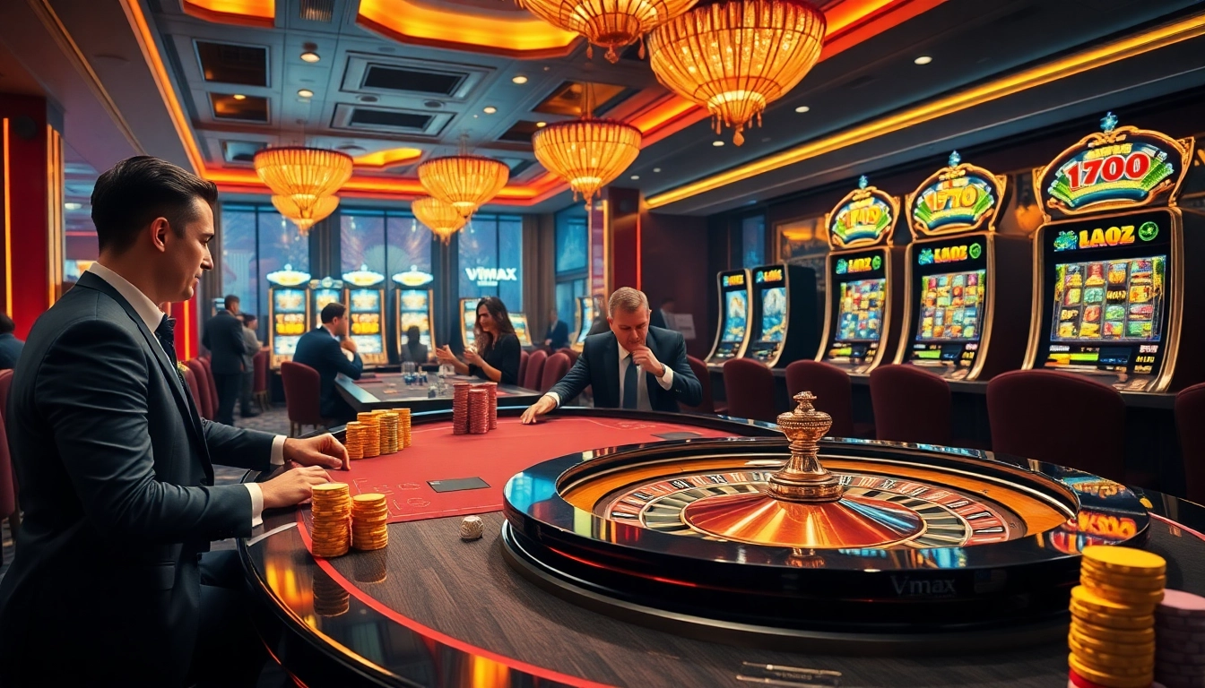 Players enjoy high-stakes excitement at Vmax casino, with vibrant tables and luxurious ambiance.