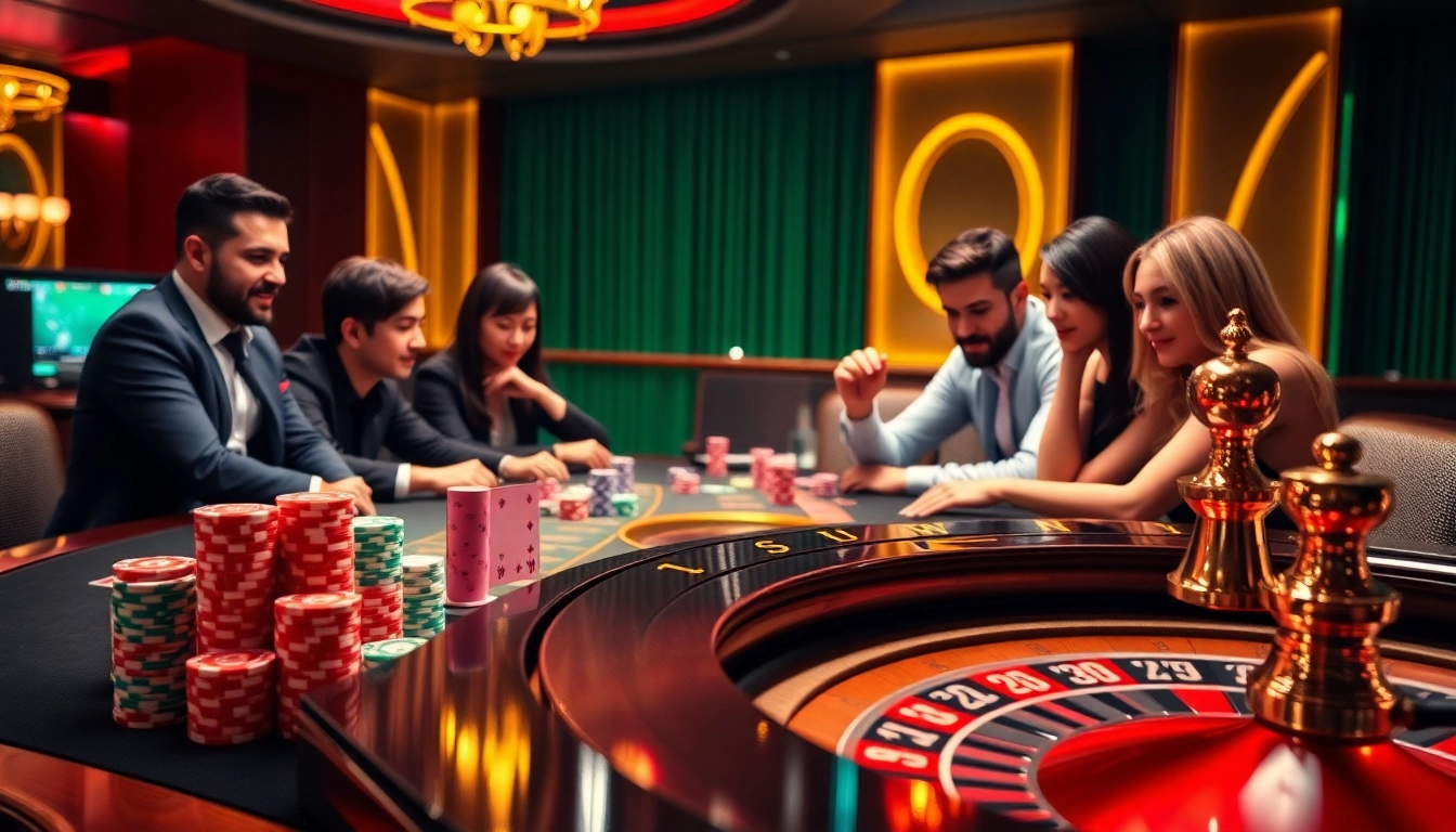 Sunwin casino interior with players engaging at poker tables and roulette wheel.