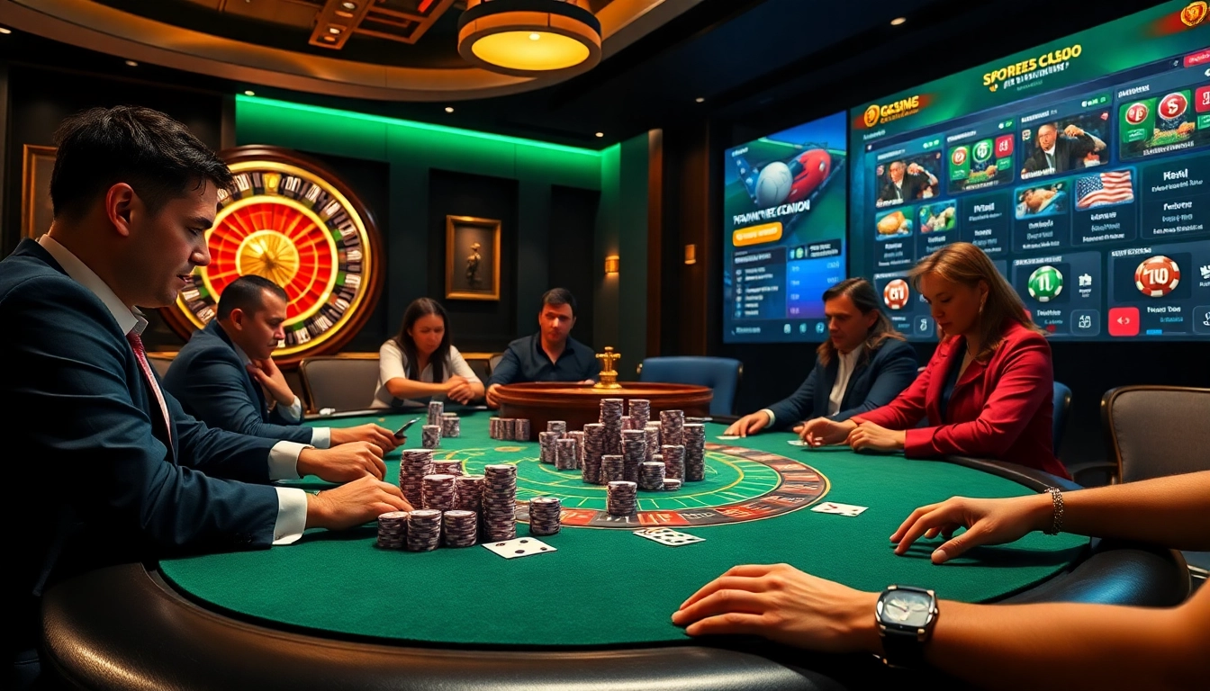 A lively casino atmosphere at QQ88 with players focused on a poker game, showcasing vibrant colors and luxurious details.