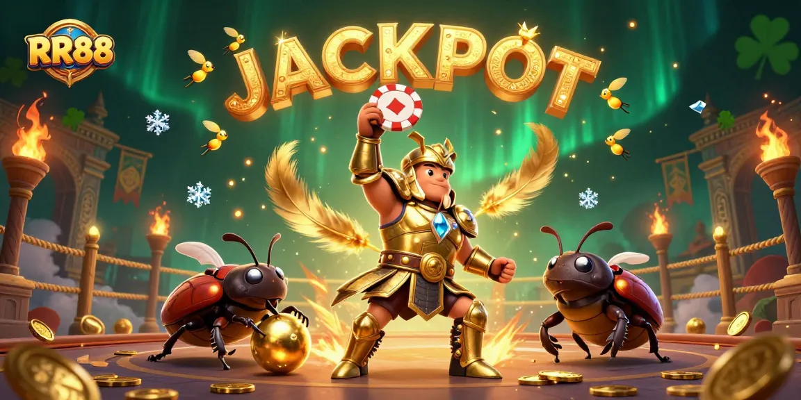 RR88 jackpot celebration illustration with hercules beetle in armor, dung beetle, and fireflies.