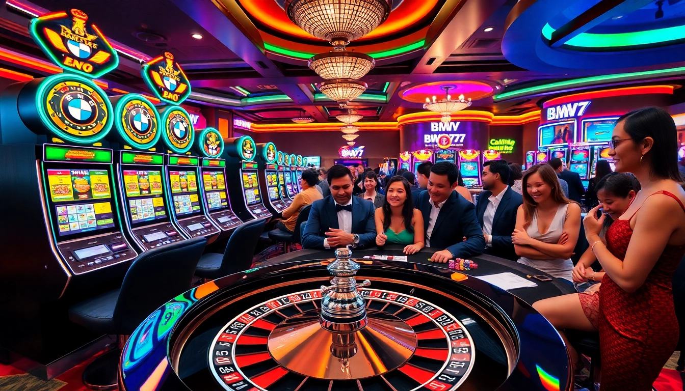 Experience the excitement of Bmw777 in a vibrant casino setting filled with slot machines and roulette.