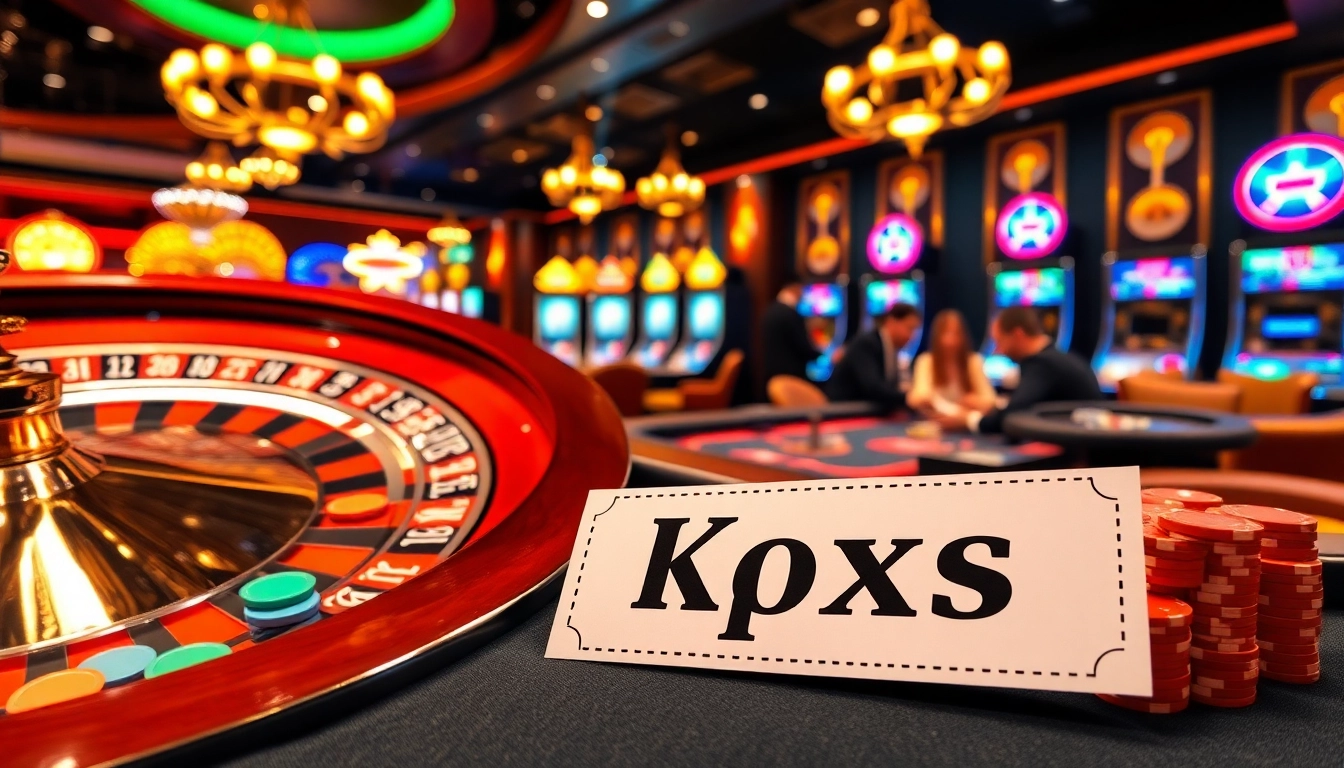 Kqxs betting slip surrounded by poker chips and slot machines in a vibrant casino environment.