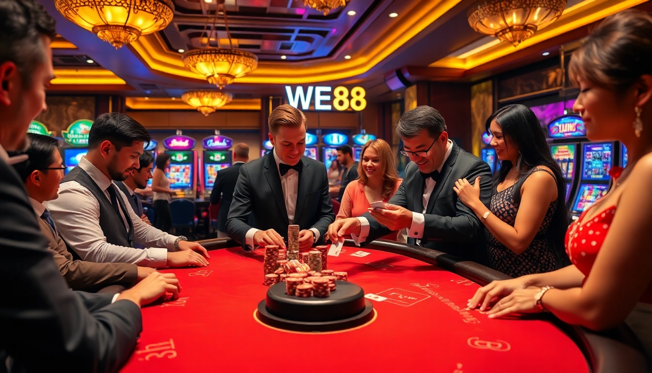 WE88 gamers placing bets at a luxurious casino table with vibrant slot machines.