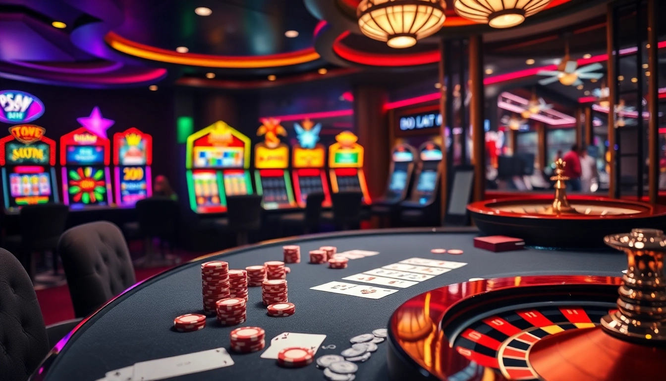 Exciting gambling scene featuring PS99 thể thao with poker, roulette, and slot machines.