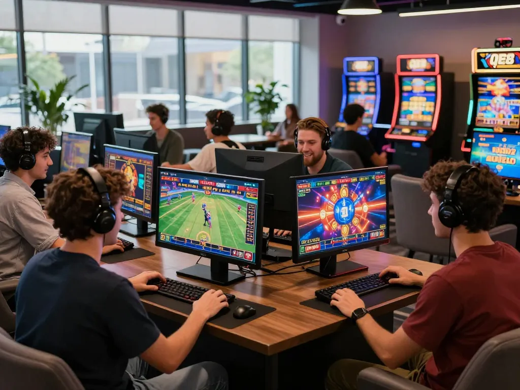 Enthusiastic players enjoying the QE8 online betting platform in a vibrant gaming lounge atmosphere.