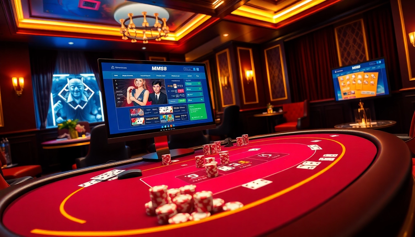 MM88 online gambling interface showcasing an exciting casino environment filled with chips and cards.