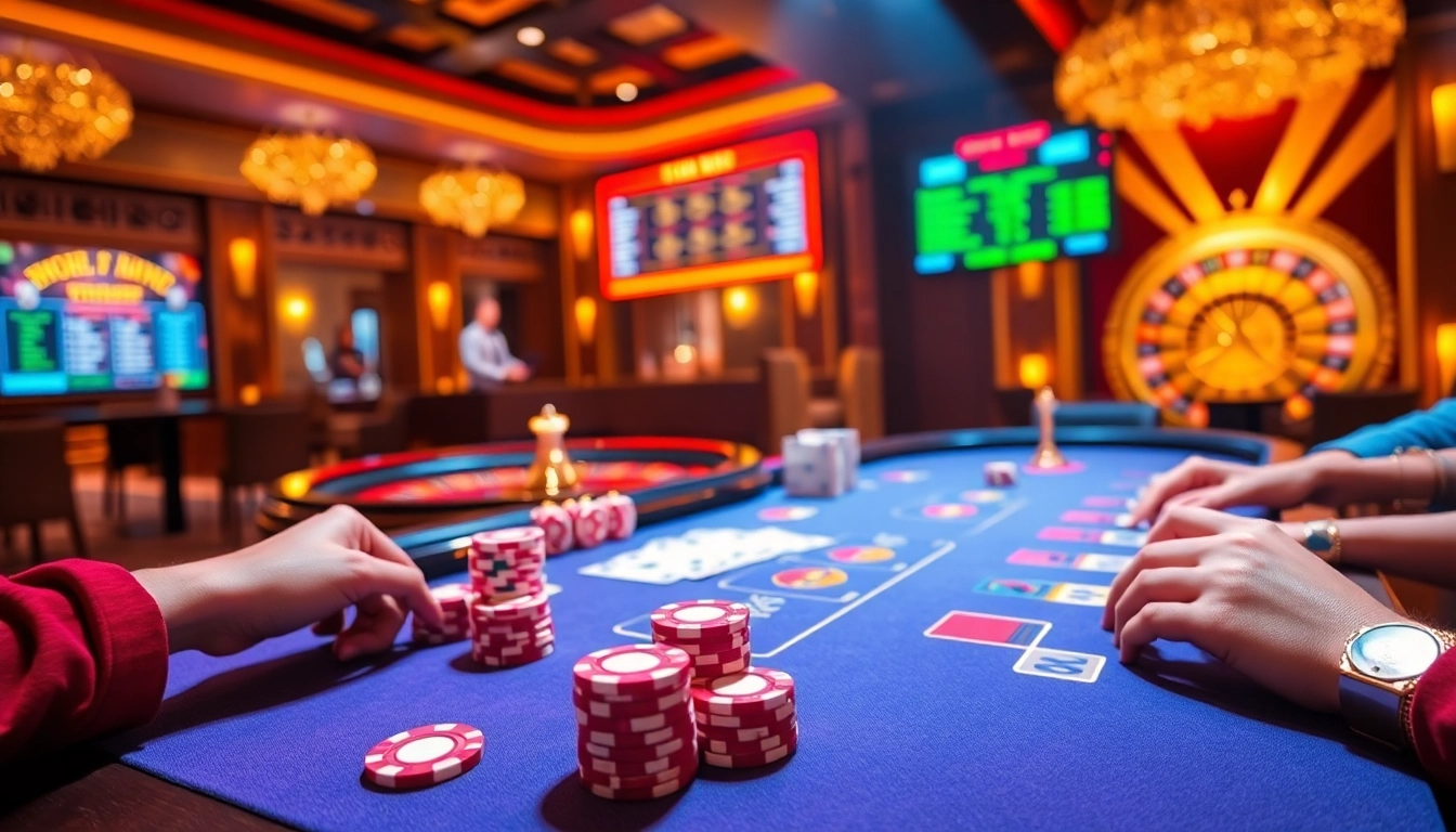 Experience the excitement of QQ88 with vibrant casino visuals capturing high-stakes gambling and elegant design.