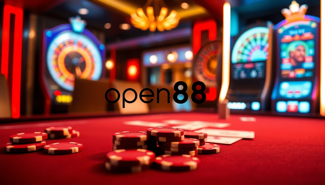 Engaging online gambling scene with open88 branding, featuring a roulette wheel and vibrant casino elements.