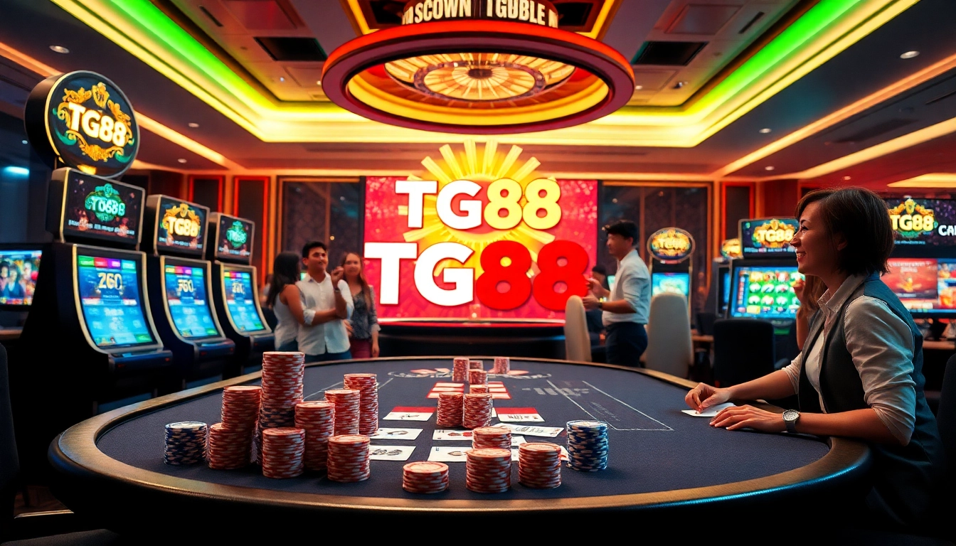 Players enjoying high-stakes gambling at a TG88 casino table filled with poker chips and cards.