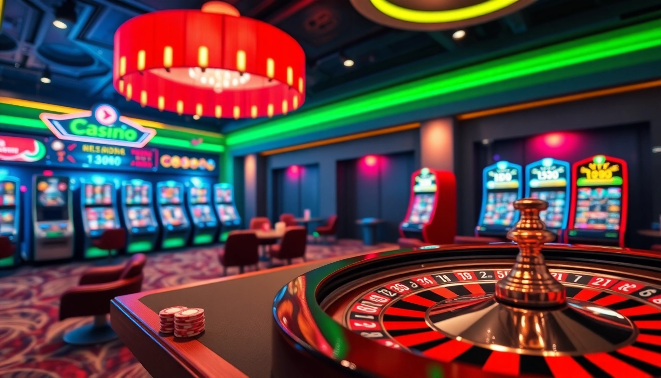 Experience thrilling gameplay with iboslot as players engage with vibrant slot machines and poker chips.
