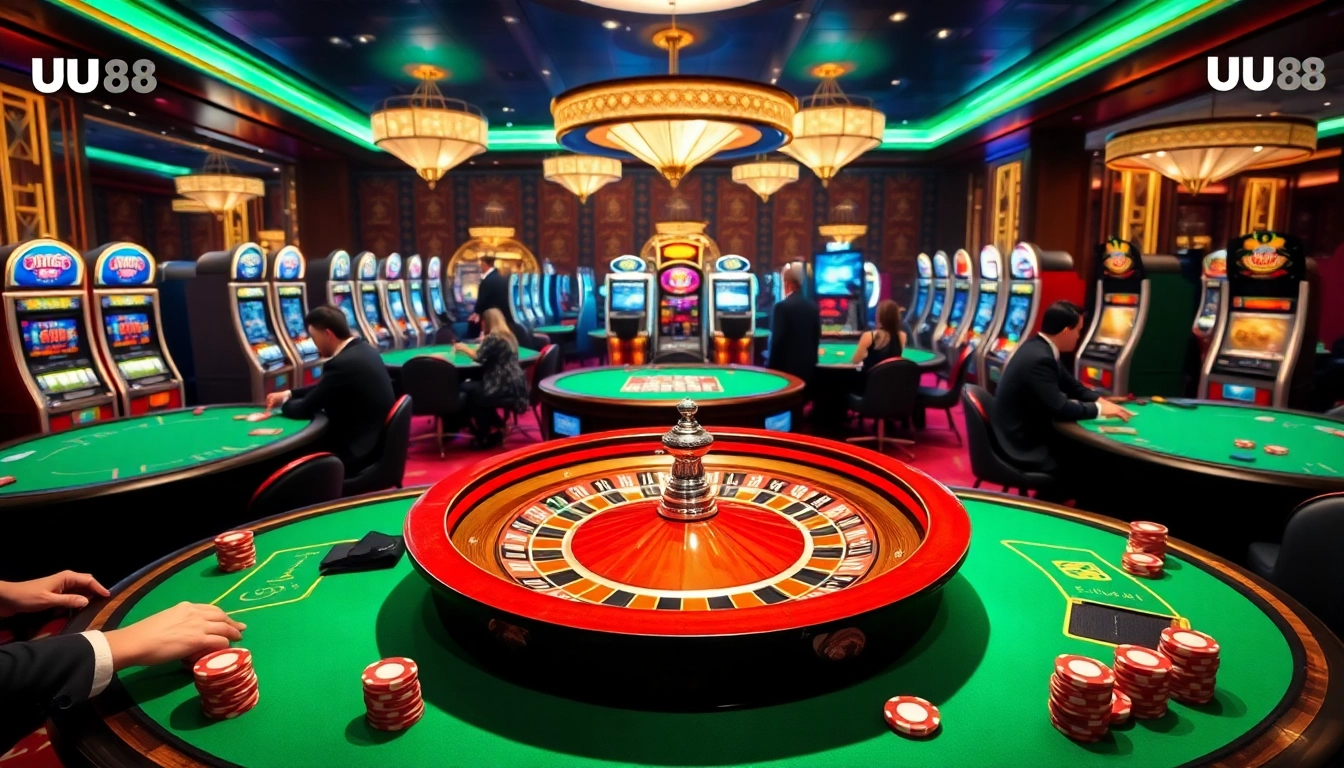Excited players gamble in an upscale UU 88 casino atmosphere with poker chips and a roulette wheel.