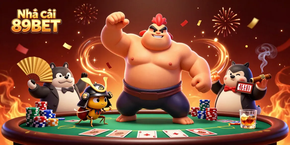 Engage with the dynamic scene featuring Nhà cái 89BET's powerful sumo rooster amid a vibrant poker showdown.