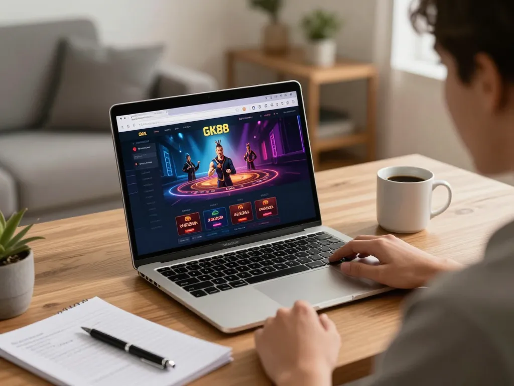 Engaged player strategizing on GK88 online casino platform in a cozy home office.