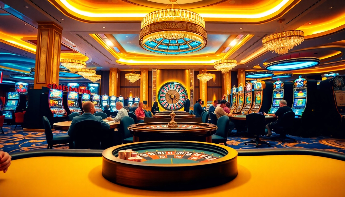 Players enjoying various games at thabet casino, vibrant atmosphere showcasing excitement and luxury.