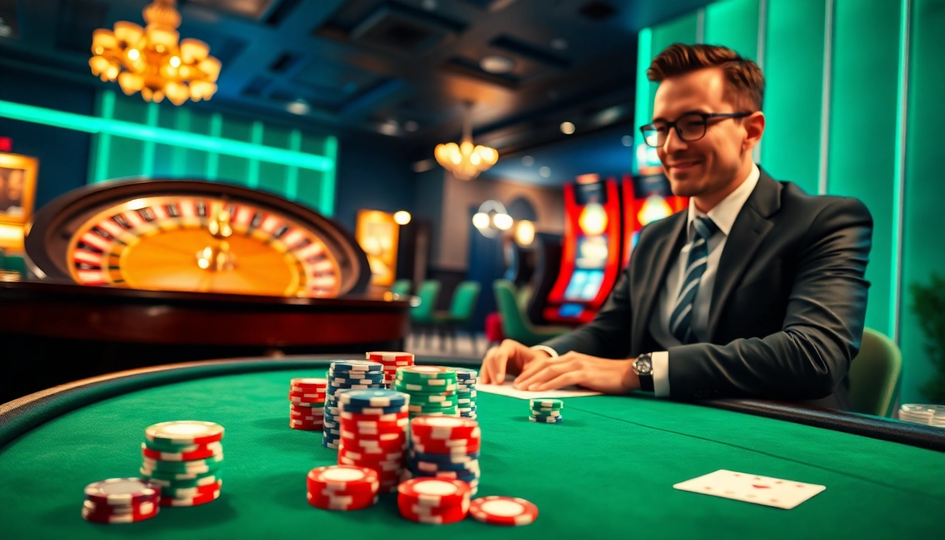 Engage with exciting gambling at OK9's modern casino interface featuring vibrant slot machines and poker tables.