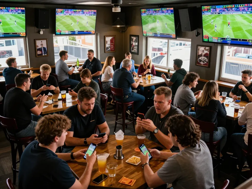 Excited patrons placing bets on tip88 during live sports at a vibrant sports bar.