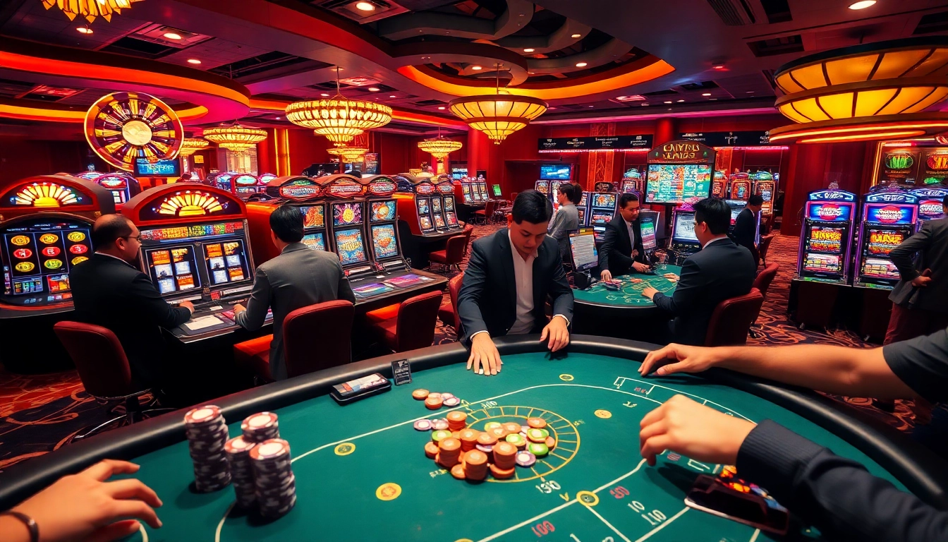 Experience the thrill of Sun88 with a vibrant casino scene featuring thrilling high-stakes poker and slot machines.