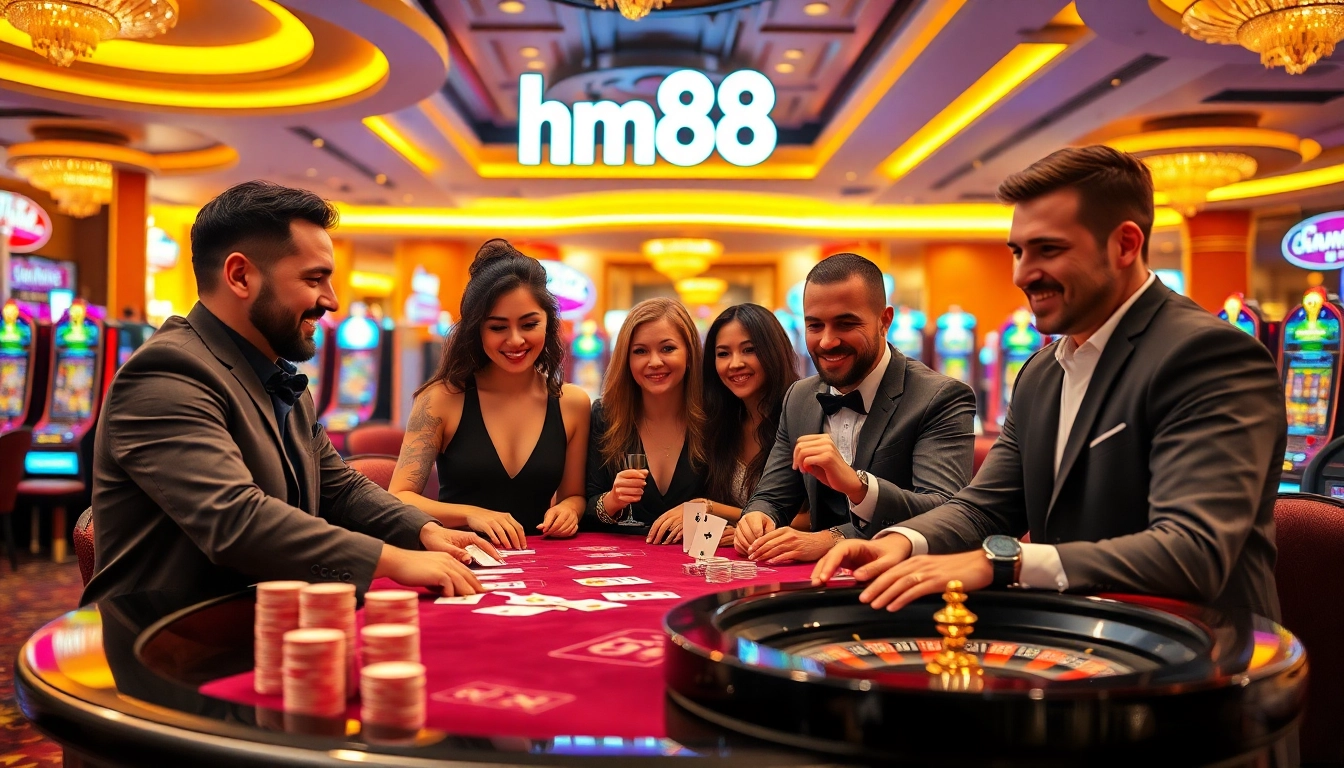 Players strategizing at a poker table in a casino featuring hm88 logo elements.