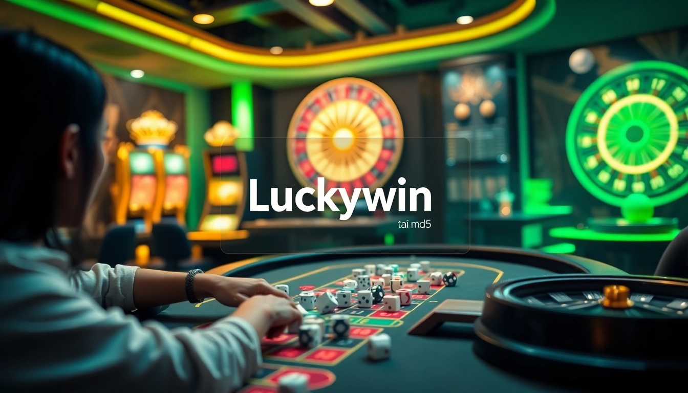 Playing Luckywin tài xỉu md5 in a luxurious online casino setting with dice and vibrant colors.