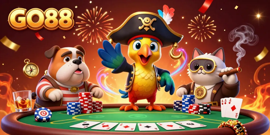 Experience GO88 with a vibrant 3D pirate-themed casino illustration featuring poker elements and dynamic characters.
