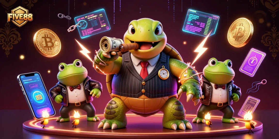 Experience thrilling games and crypto excitement at FIVE88 with a dynamic casino illustration.