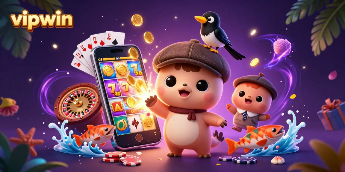 Experience the thrill of vipwin with adorable characters and vibrant casino elements.