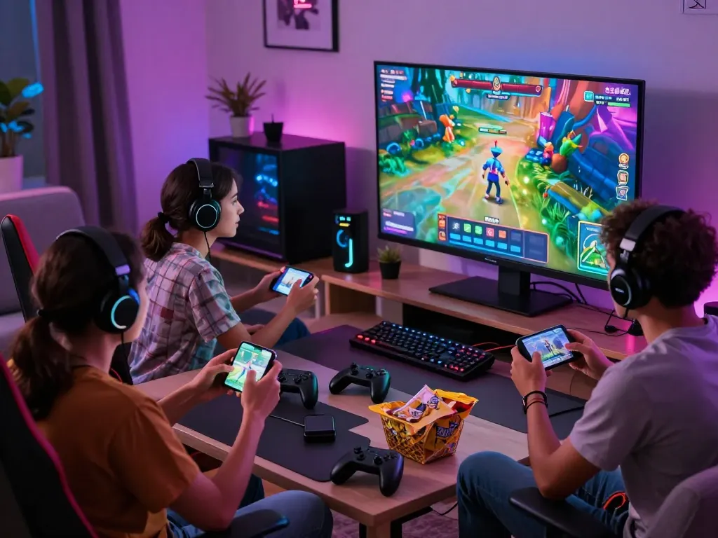 Group of friends enjoying sunwin gaming experience in a vibrant living room, showcasing colorful game graphics and accessories.