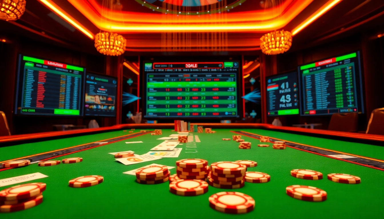 Lively casino scene showcasing lô đề online betting slips and poker chips in an inviting atmosphere.