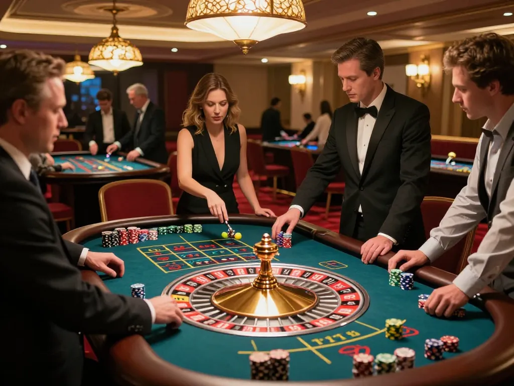 Players engage in a thrilling roulette game at 7M casino, surrounded by vibrant lights and high-energy atmosphere.