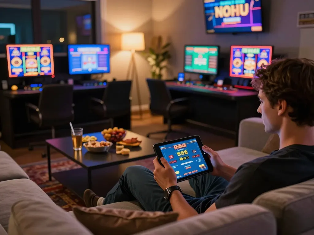 Engaging in NOHU gaming on a tablet during a cozy online casino night at home