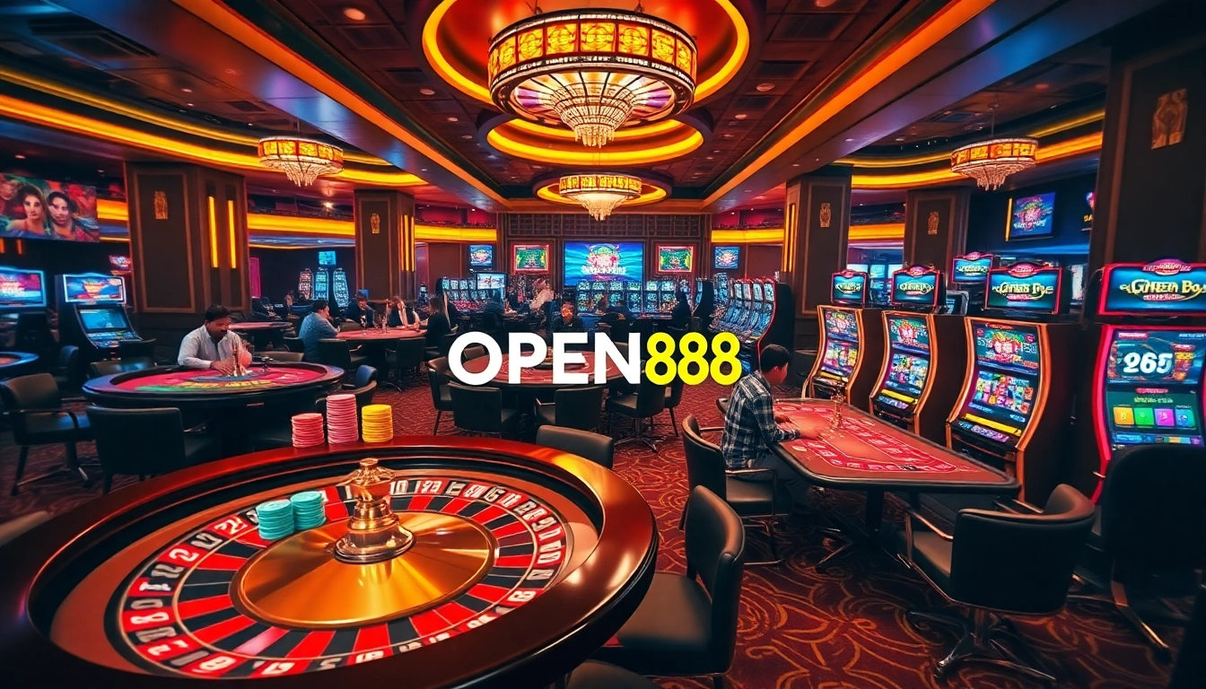 Experience the thrill of OPEN88 as players engage in vibrant casino games surrounded by luxury.
