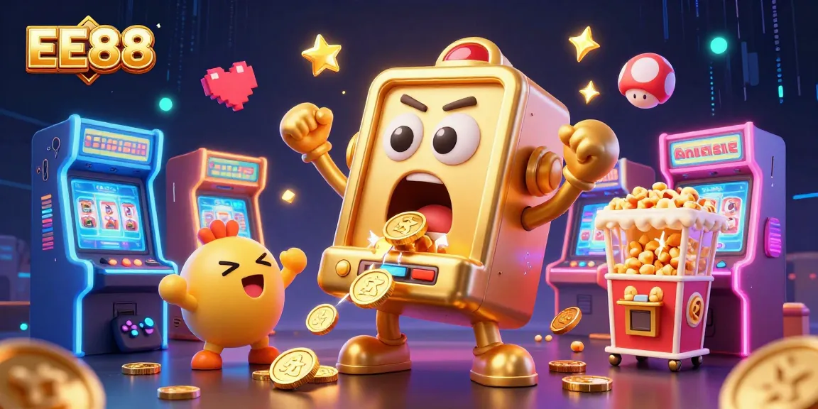 EE88 slot machine hitting a jackpot with coins pouring, creating a lively casino atmosphere.