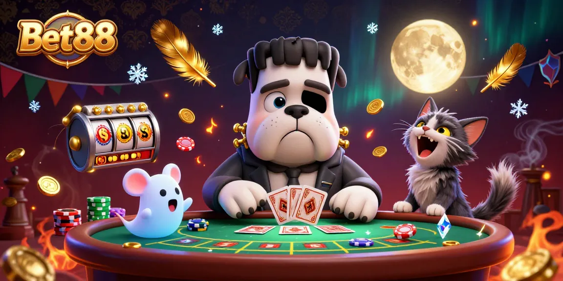 Experience thrilling games at Bet88 with dynamic 3D illustrations of casino excitement and vibrant characters.