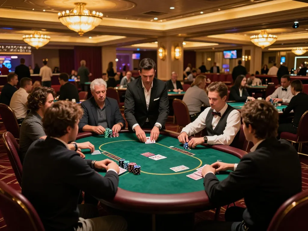 Players strategizing at a poker table in a vibrant casino, showcasing action from https://max88sss.com/ poker games.