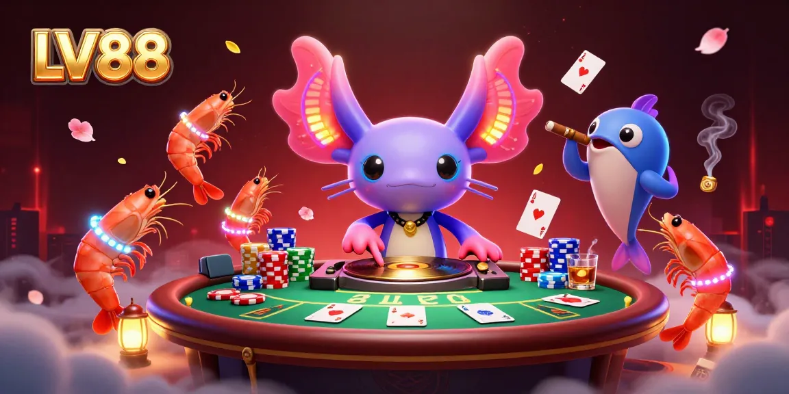 LV88 offers a vibrant underwater casino scene featuring a neon axolotl DJ and poker elements.