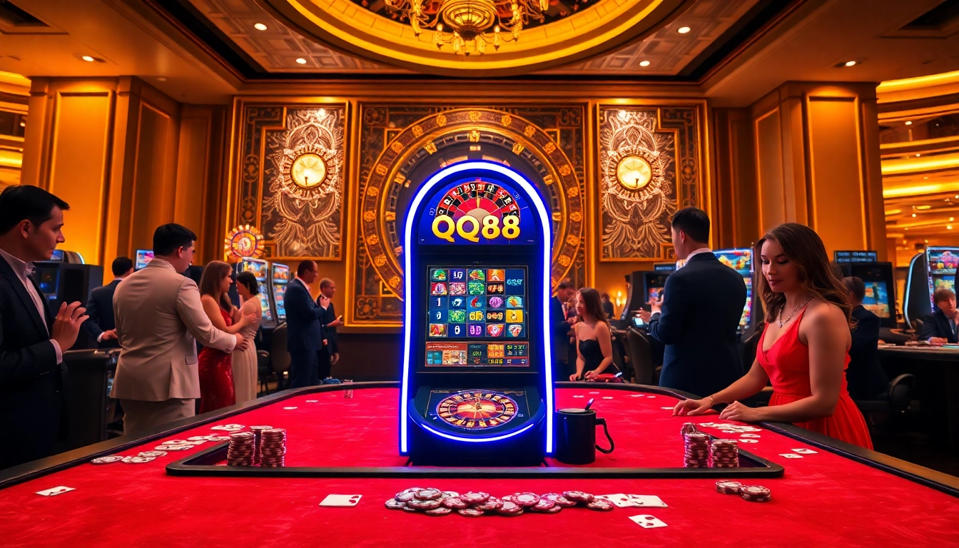 Players enjoy high-stakes gaming at a QQ88 slot machine in an elegant casino setting.