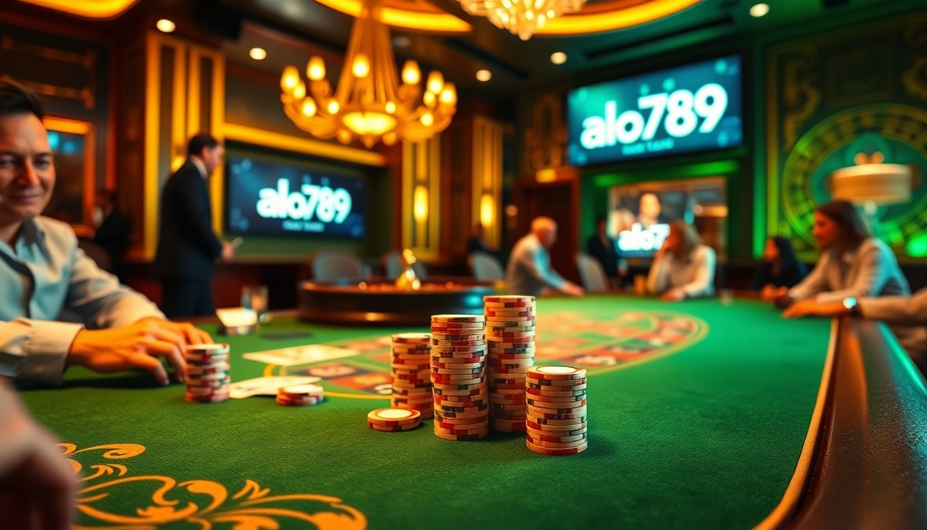Experience the thrill of gambling at alo789 with a luxurious poker table and vibrant casino atmosphere.