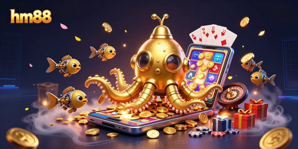 Engage with the qm88 experience via vibrant gaming elements swirling around a kraken submarine.