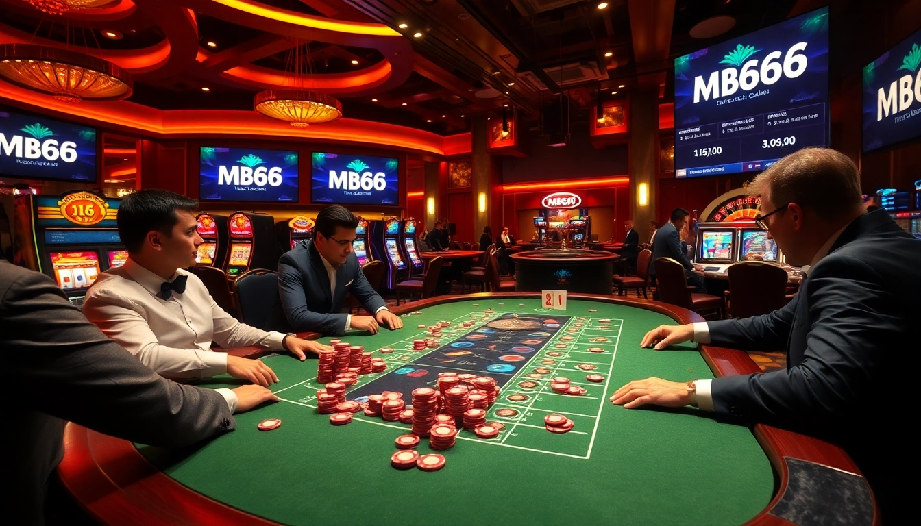 Experience intense gameplay at MB66 casino with vibrant poker chips, a spinning roulette wheel, and players in action.