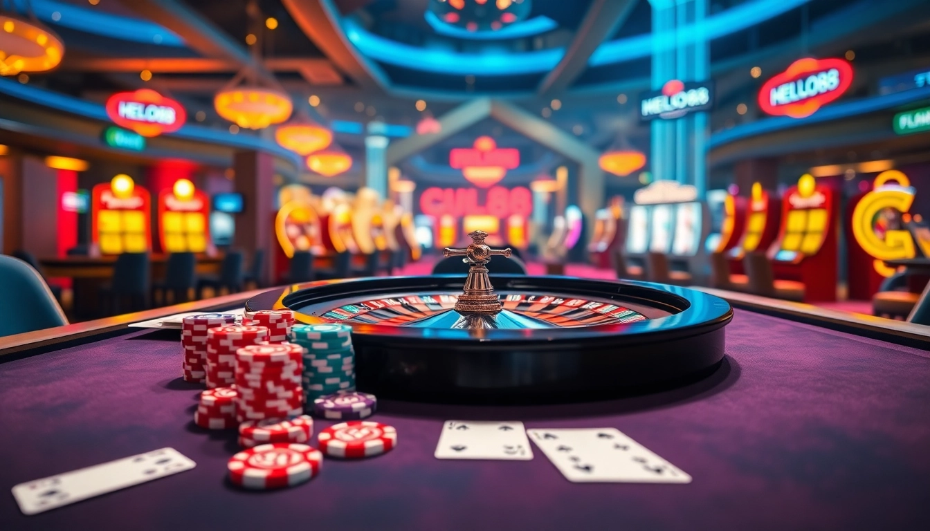 Engaging gaming scene showcasing Hello88 with poker chips and roulette wheel.