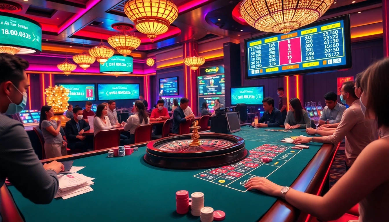 Experience playing xóc đĩa lần đầu in a vibrant casino scene filled with excitement and action.