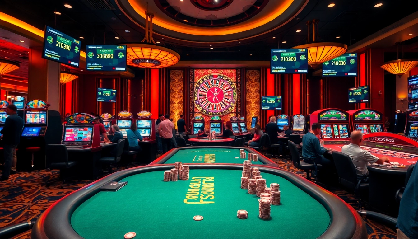 SODO Casino vibrant scene with engaged players at poker tables and flashing slot machines.