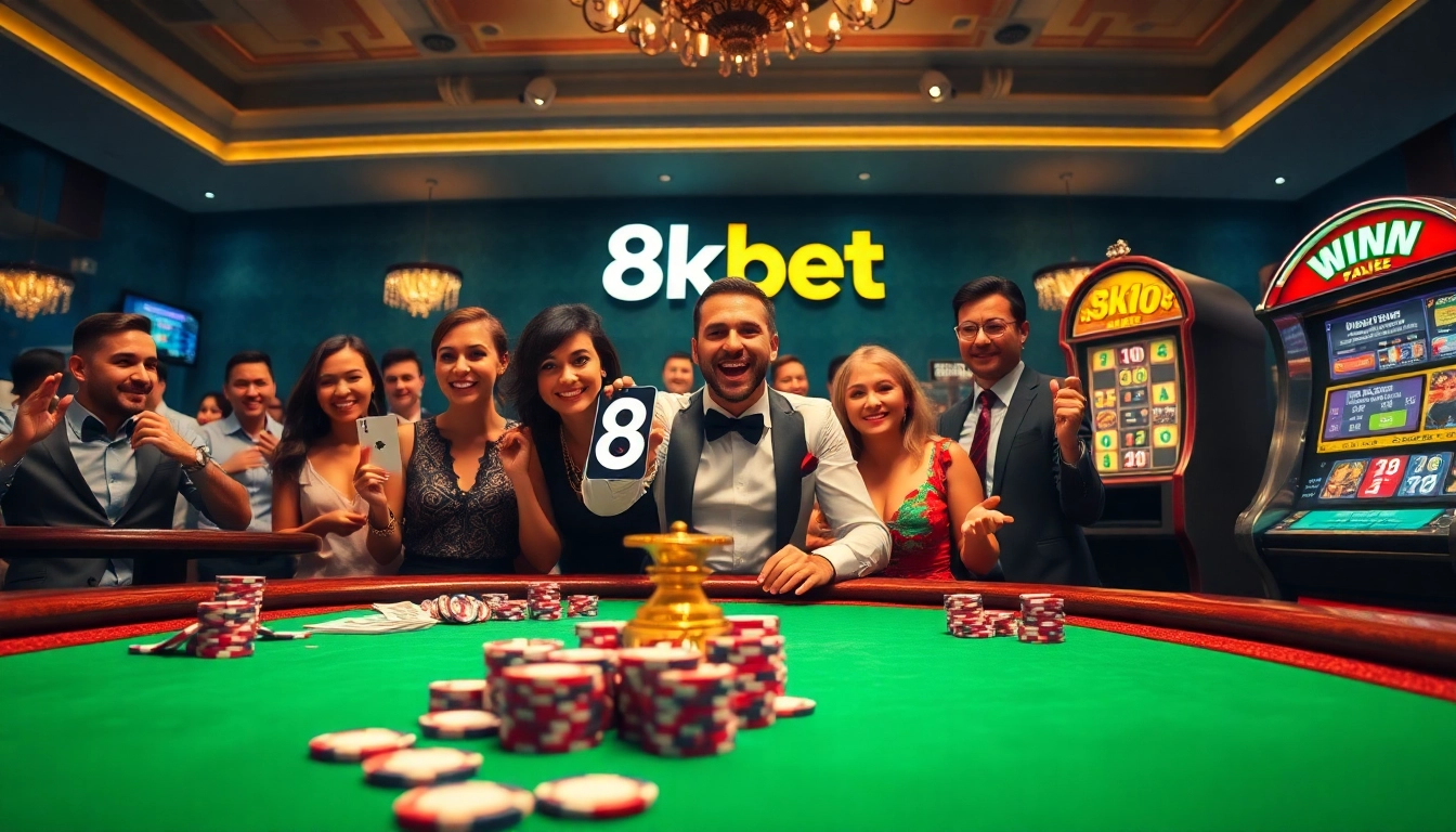 8kbet players enjoying an exciting casino atmosphere with poker chips, cards, and a roulette wheel.