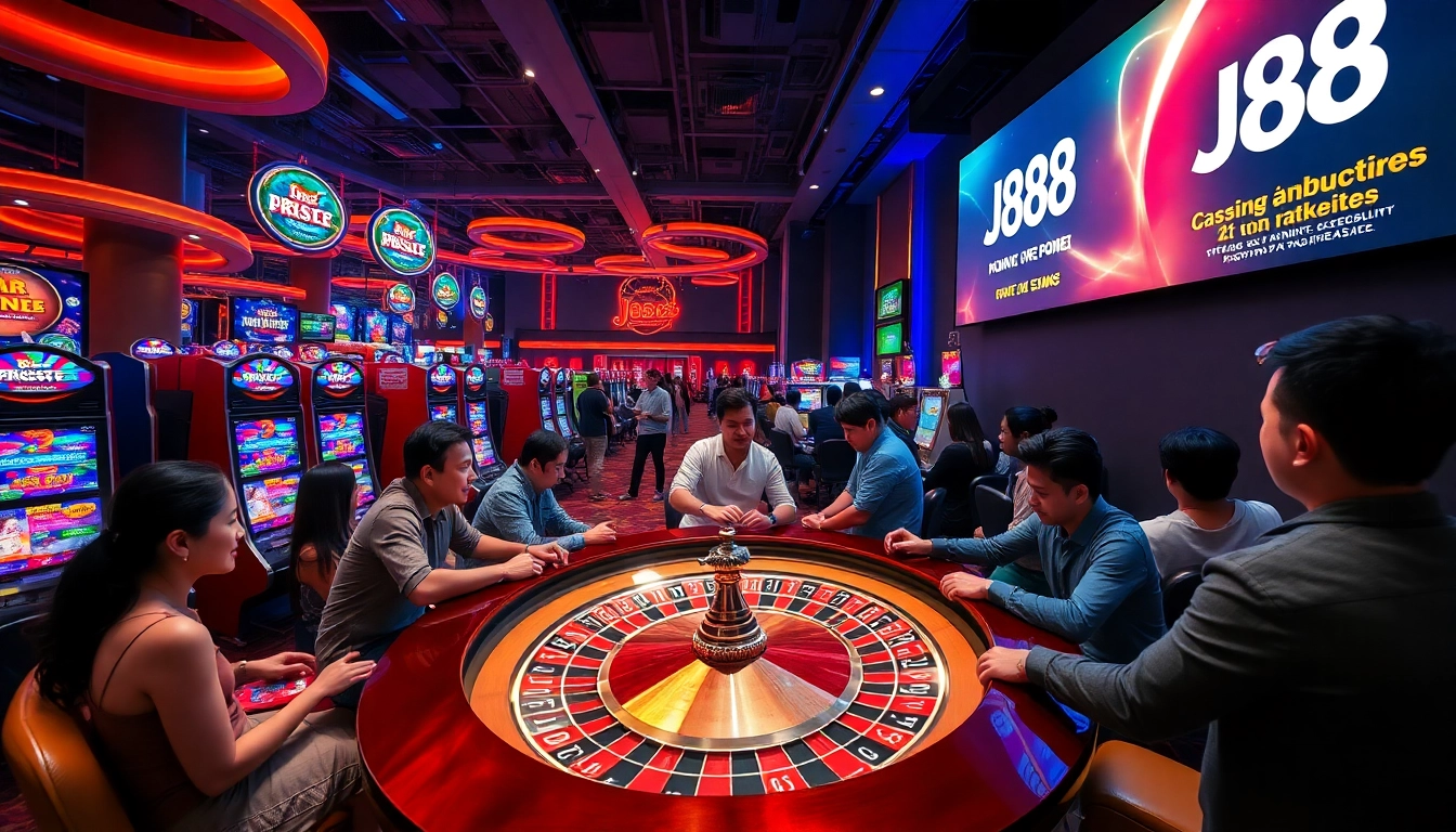 Players celebrating wins at the J88 casino platform with slots and roulette games.