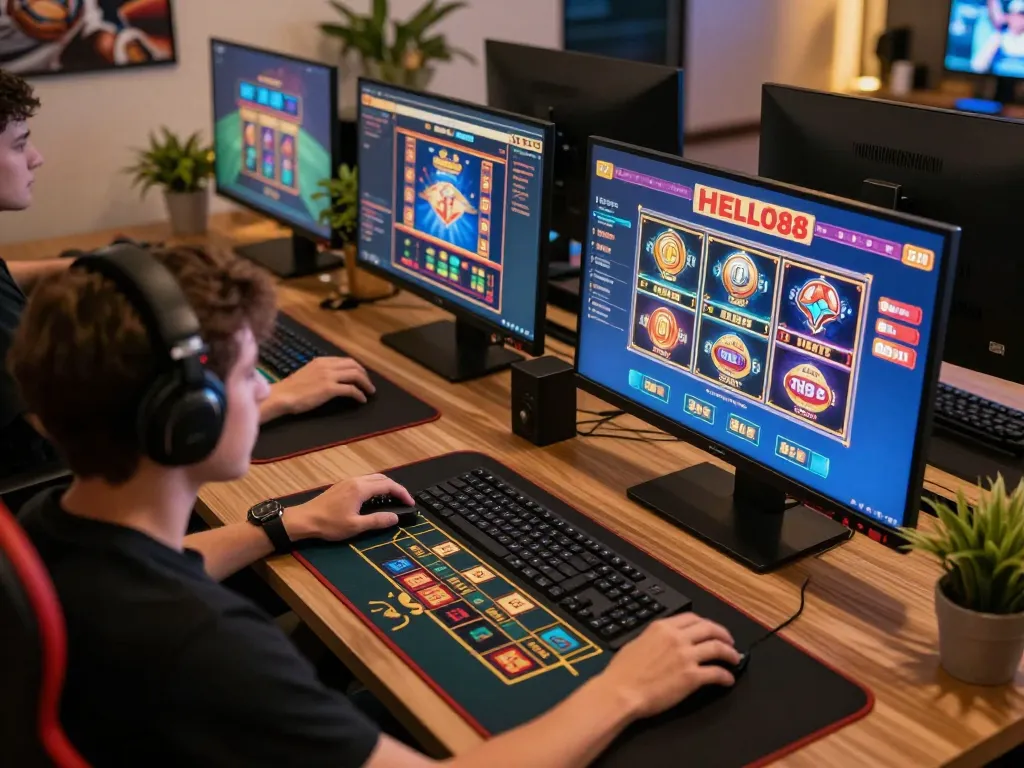Engaged player exploring HELLO88 games on multiple screens in a modern gaming setup.