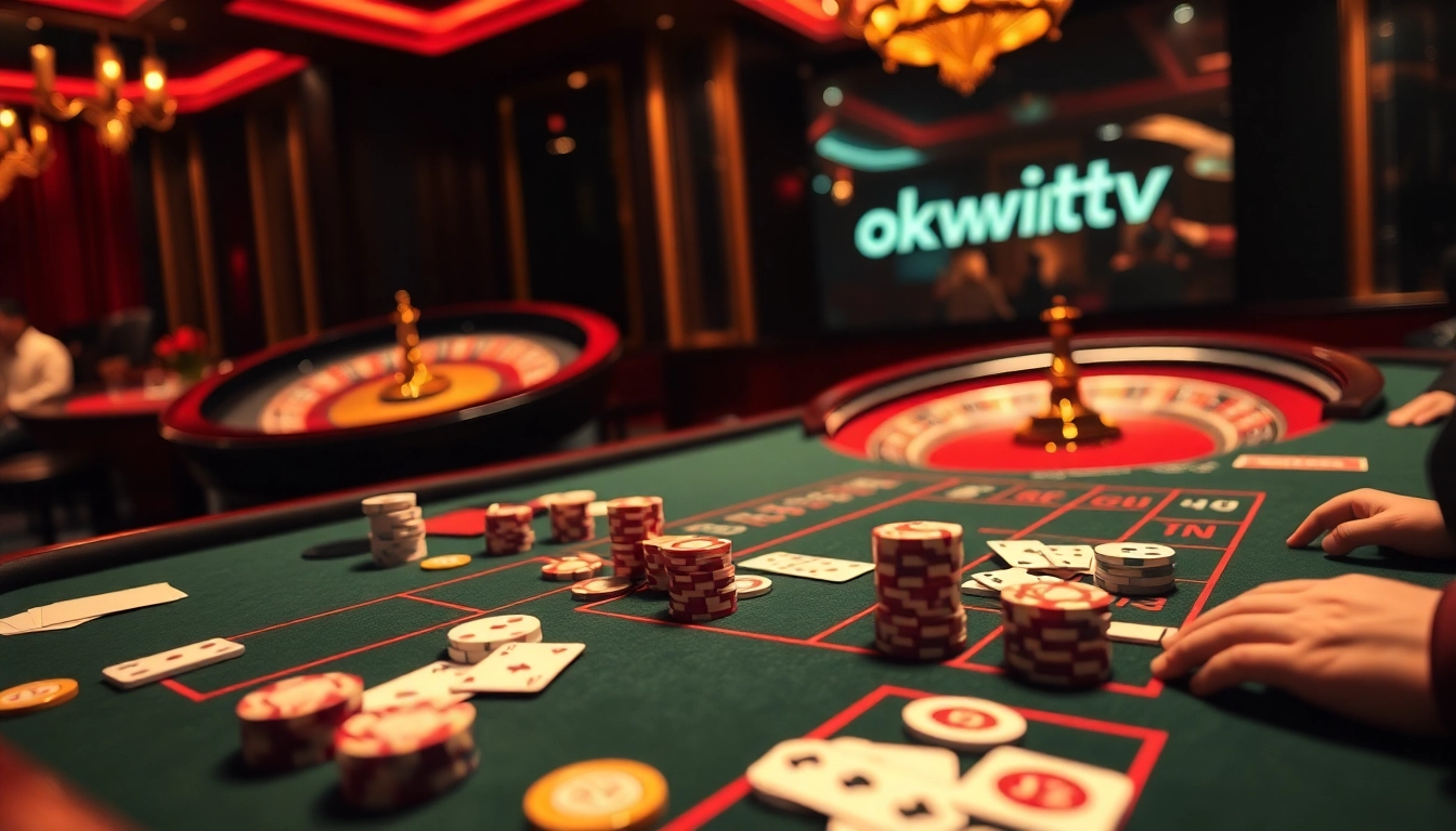 Engage with thrilling casino action on okwintv, featuring poker chips and cards in a luxurious gaming environment.