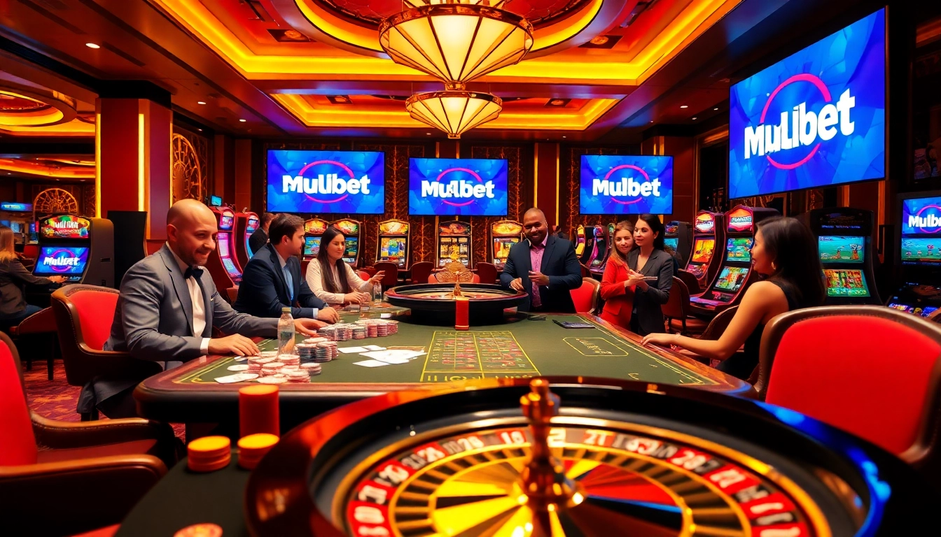 Mubet casino gaming scene showcasing enthusiastic players and high-stakes action at a luxurious table.