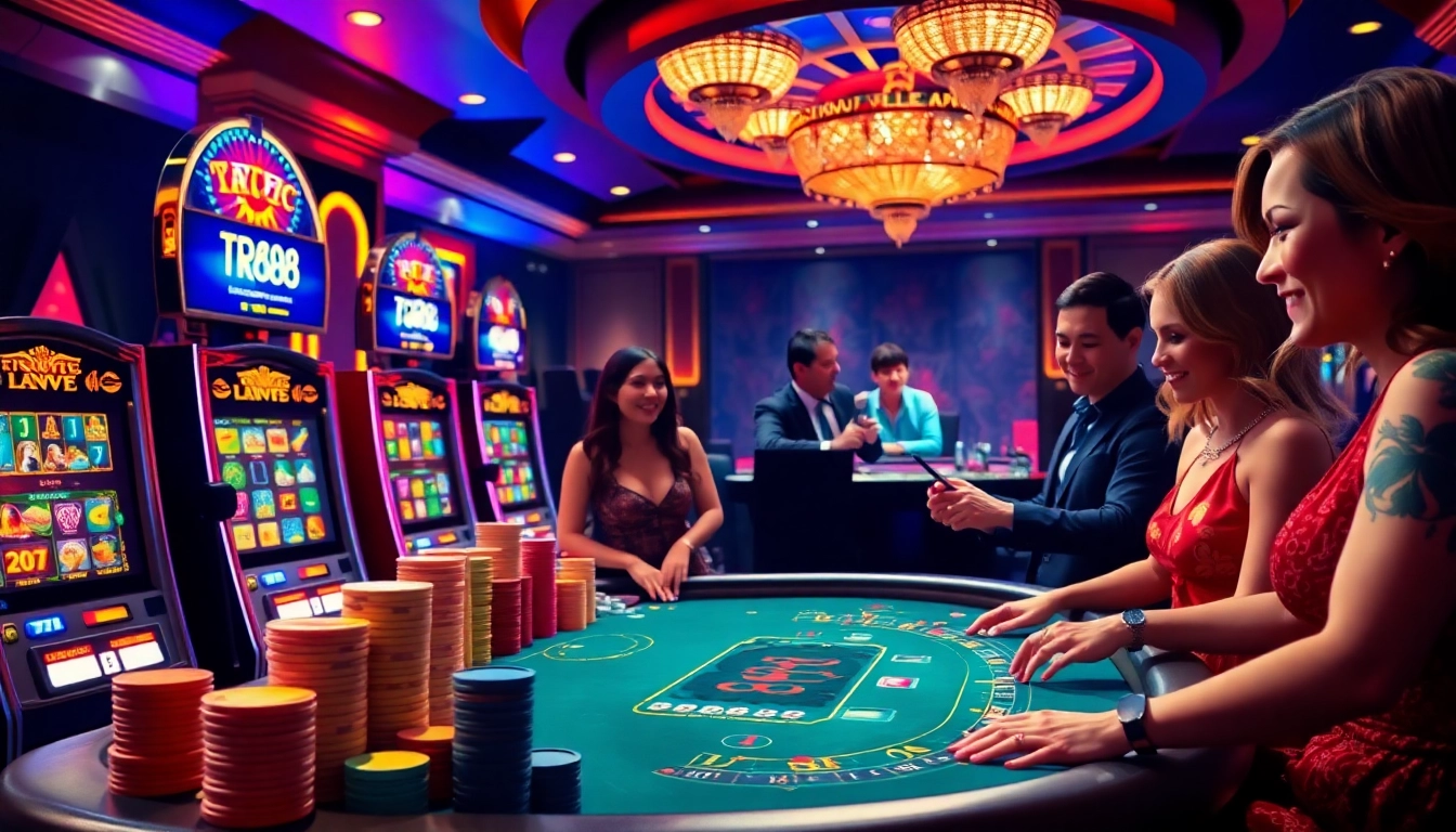 Players experiencing excitement at TR88 casino’s vibrant table games and slots.
